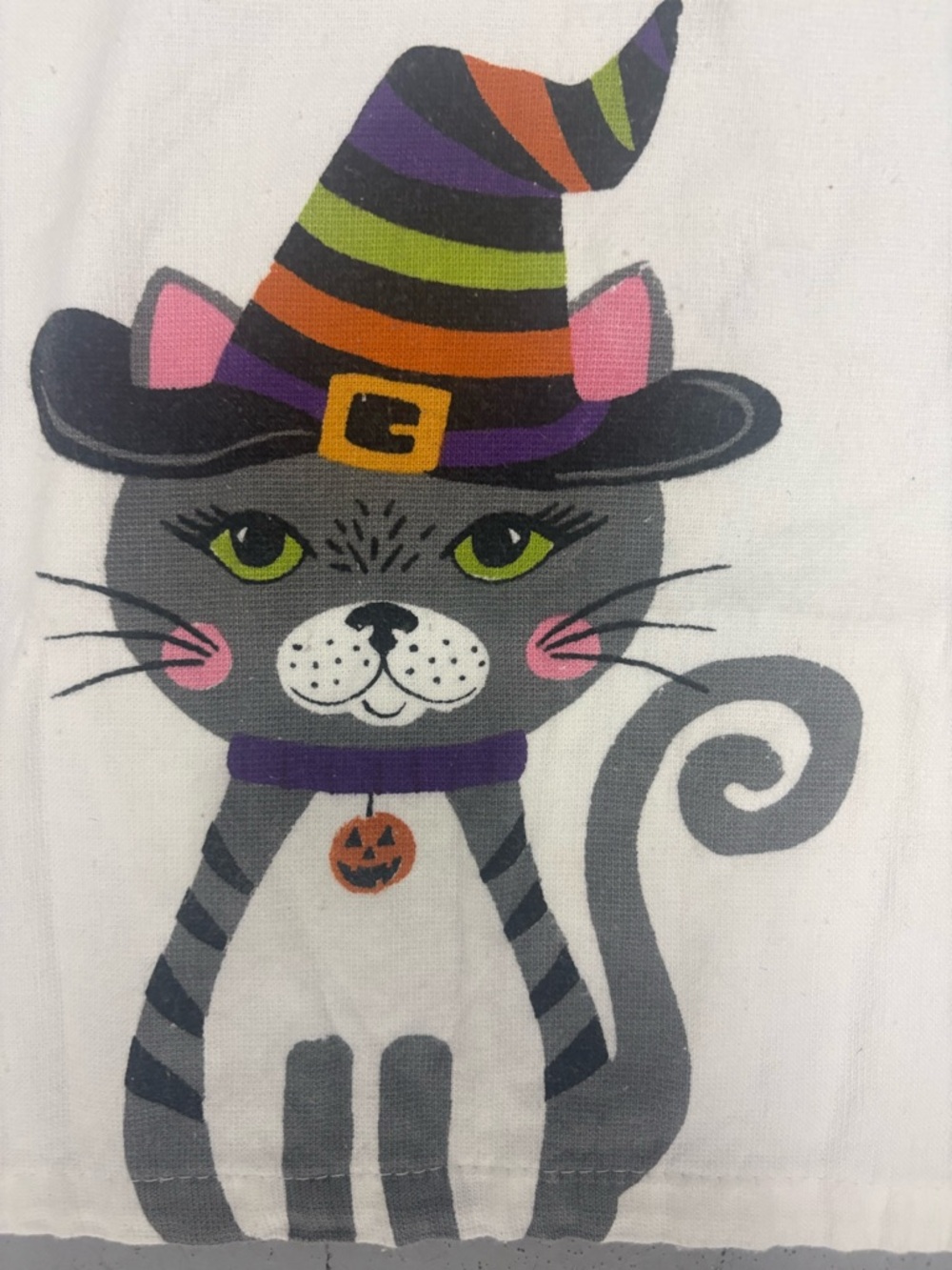 Halloween Cat with Witch Hat Cotton Dish Towel Kitchen Decor White Seasonal